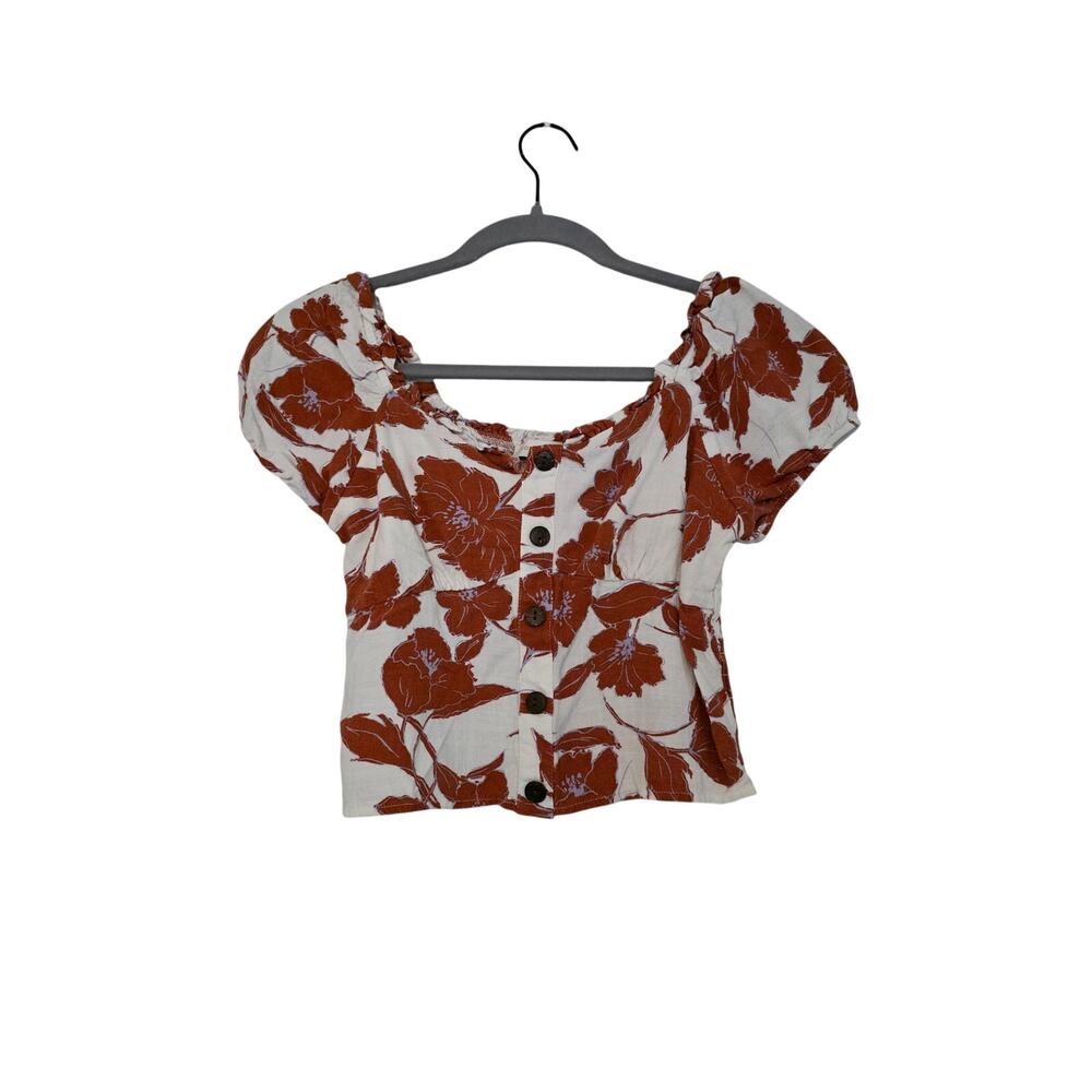 Monteau Womens S Floral Crop Top Rust White Puff Sleeve Button Front Cottagecore
